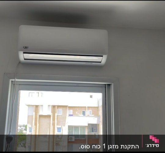 מזגן מותקן על קיר מעל חלון עם כבל חשמל
